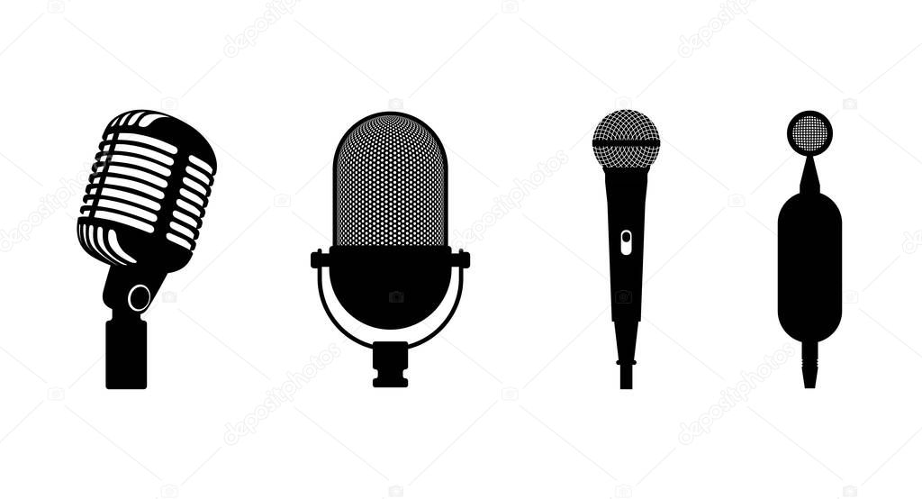 Four microphones retro classic and modern set. Microphone black silhouette on white background. Music icon mic. Mike flat design vector illustration