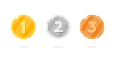 Altın, gümüş, bronz madalya ve ikincilik üçüncülük ödülü. Video oyunu ya da uygulamalar animasyon bonus başarı ödülü. Kazanan kupa izole edilmiş düz vektör çizimi