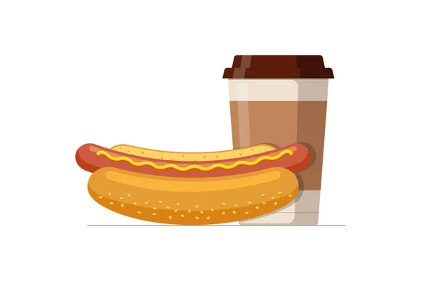 Fast food cachorro-quente e copo de café de papel descartável. Salsicha de cachorro quente em pão com bebida quente. Fast food vector isolado ilustração plana —  Vetores de Stock