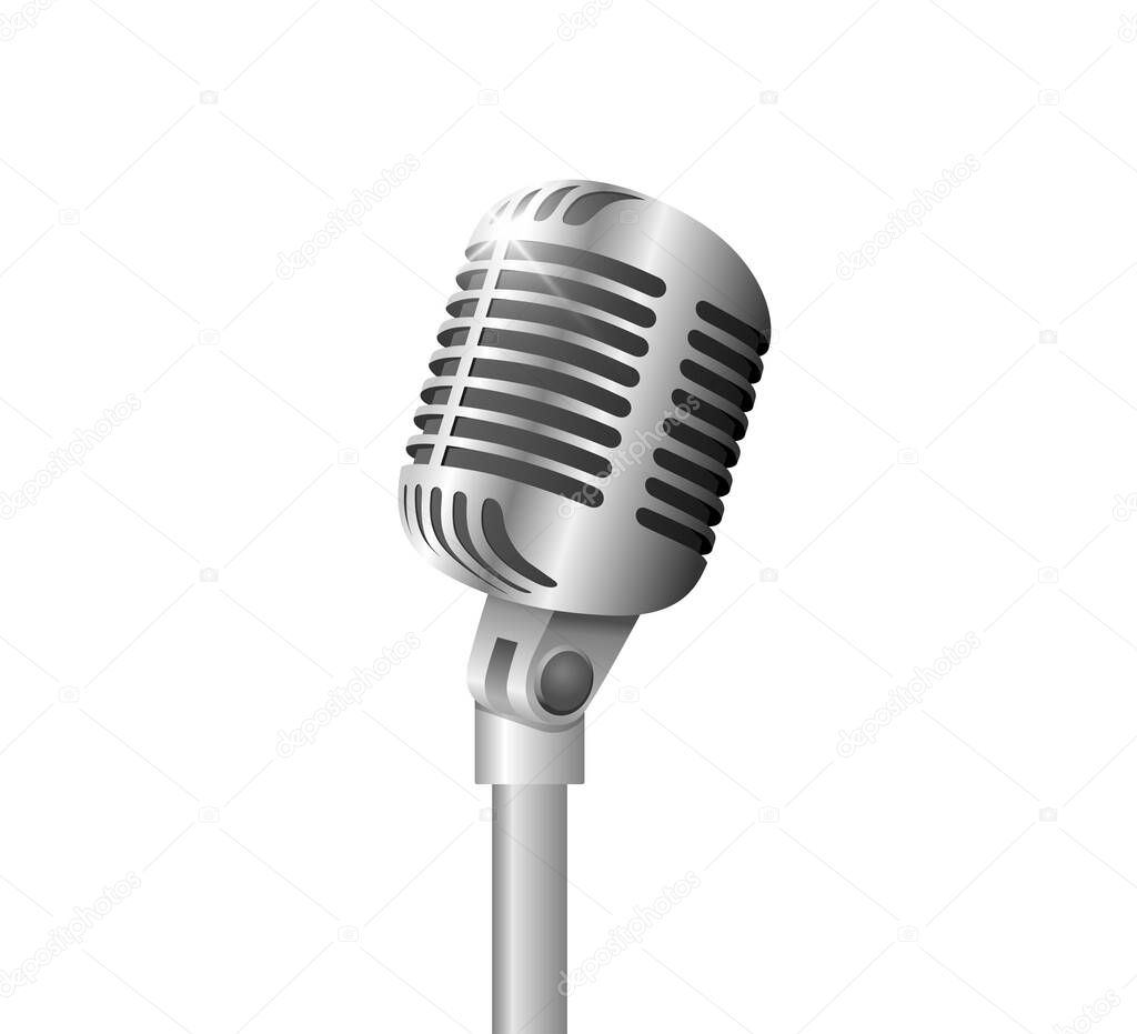 Retro vintage metal microphone on stand on white background. Mic with flare. Music, voice, record icon. Recording studio symbol. Realistic silver style vector eps illustration