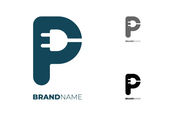 Anfangsbuchstabe P mit elektrischem Stecker für Technologie Business Identity Logotyp Konzept. Parken und Laden von Elektroautos. Power Energy Marke Logo Design-Vorlage — Stockvektor