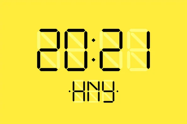 Happy New Year kerstkaart met digitale lcd elektronische display klok nummer 2021 en HNY letters op gele achtergrond. Vrolijk kerstfeest groet kalender vector illustratie — Stockvector