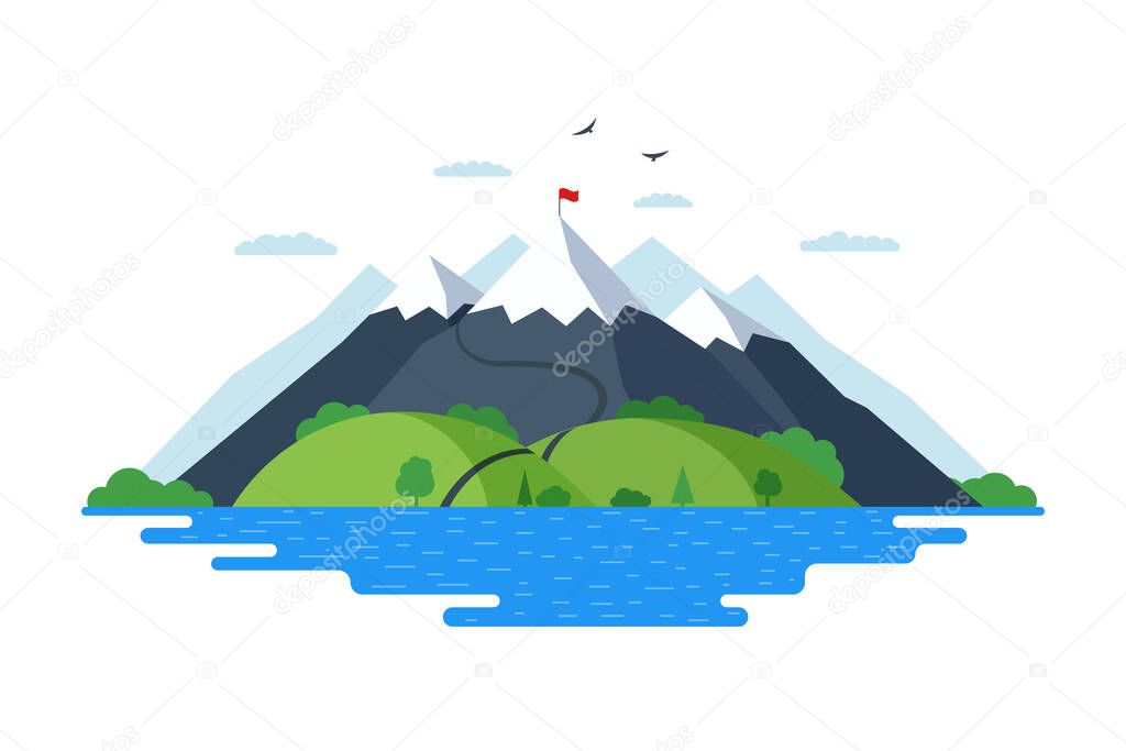 High mountain with green hills forest and blue lake nature landscape vector illustration. Climbers route trail to rock top and red flag on rock peak