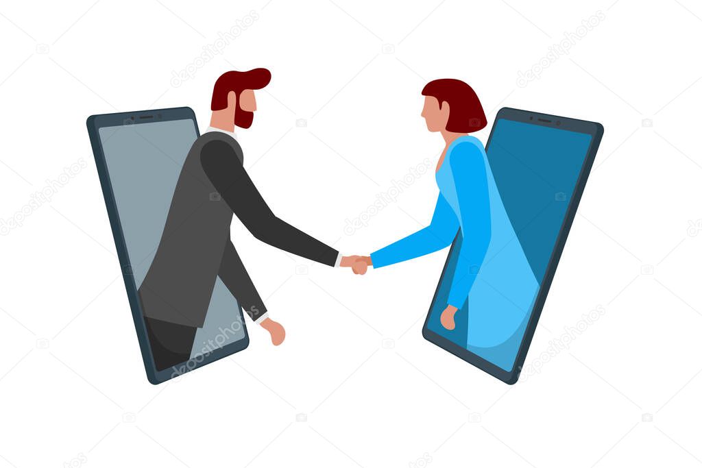 Businessman and woman shaking hands through smartphone screens as online deal agreement. Mobile conference network meeting handshake. Two person remote negotiations concept. Vector illustration