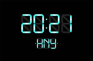 2021 numaralı dijital lcd elektronik ekran saati ve siyah arkaplanda HNY harfleri olan mutlu Noeller. Mutlu Noeller, takvim vektör illüstrasyonları.