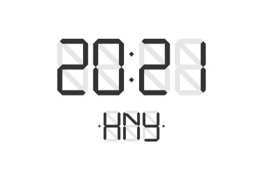 2021 numaralı dijital lcd elektronik ekran saati ve beyaz arkaplanda HNY siyah harfleri olan mutlu yılbaşı xmas tatil kartları. Mutlu Noeller, vektör takvimi.