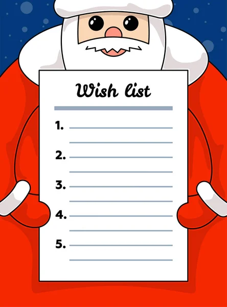 Cute kreskówki kawaii Santa Claus gospodarstwa list życzeń puste papieru. Wesołych Świąt i szczęśliwego Nowego Roku wakacje wektor ilustracja pusty formularz lista życzeń — Wektor stockowy