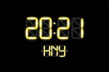 2021 numaralı dijital lcd elektronik ekran saati ve siyah arkaplanda HNY altın harfleriyle mutlu yıllar. Mutlu Noeller, takvim vektör illüstrasyonları.