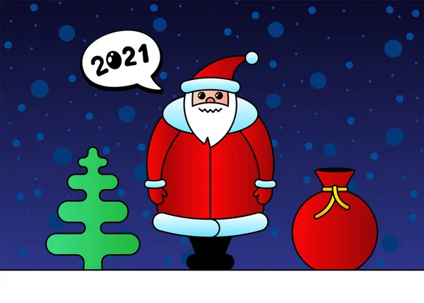 Bonito desenho animado engraçado personagem kawaii Papai Noel para o Natal e Feliz Ano Novo celebração. Saco de presente de abeto e neve à noite doce inverno cartão de saudação de férias. Ilustração de inspiração vetorial —  Vetores de Stock