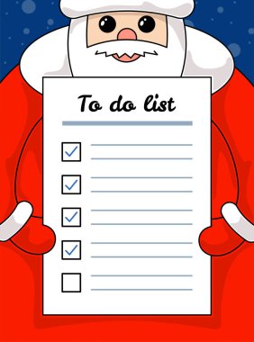 Kawaii komik Noel Baba liste kağıdı için mektup tutuyor. Noel ve Yeni Yıl tatili göreviniz kutlu olsun ve boş form vektör çizimi sözü verin.