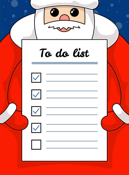 Kawaiijský legrační Santa Claus, který má v ruce dopis, aby napsal list papíru. Vánoce a šťastný Nový rok dovolená úkol a sliby plán prázdný formulář karikatura vektorové ilustrace — Stockový vektor