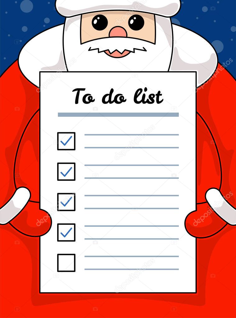 Kawaii funny Santa Claus holding letter to do list paper. Christmas and Happy New Year holiday task and promises plan empty form cartoon vector illustration