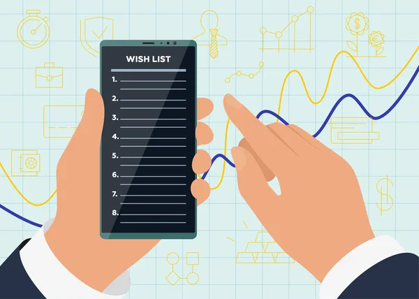 Le mani degli uomini d'affari tengono smartphone con l'app della lista dei desideri sullo schermo per un business redditizio di successo in mezzo a grafici e icone di vendita in crescita. Illustrazione applicazione mobile wishlist vettoriale — Vettoriale Stock