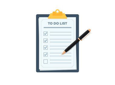 Planlama listesiyle birlikte pano. Düz vektör illüstrasyonu oluşturmak için kağıt üzerinde kalem işaretli kontrol listesi