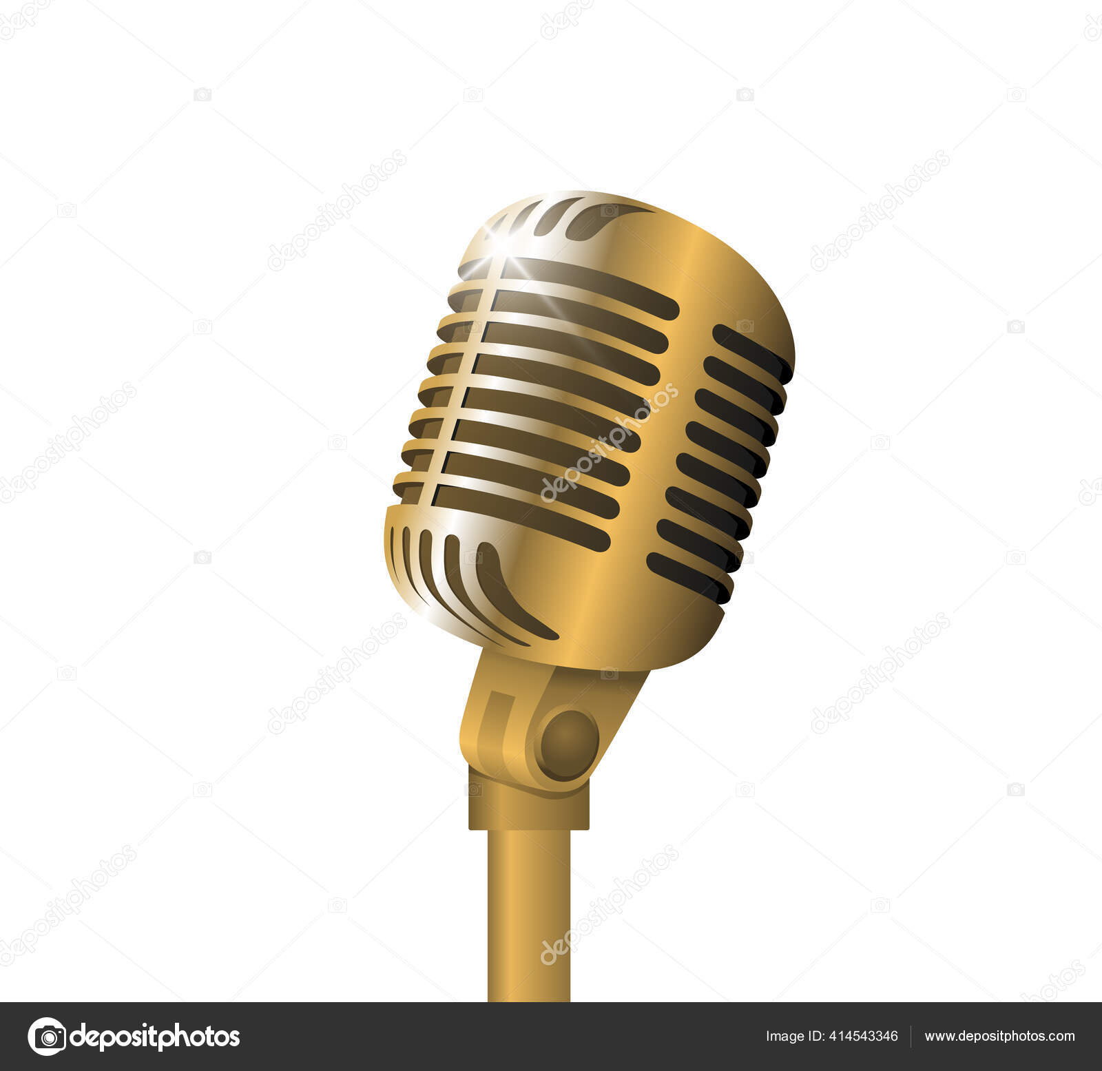 Microphone métal vintage rétro sur support sur fond blanc. Micro avec fusée  éclairante. Musique, voix, icône d'enregistrement. Symbole studio  d'enregistrement. Illustration vectorielle de style or réaliste Vecteur par  ©azatvaleev 414543346