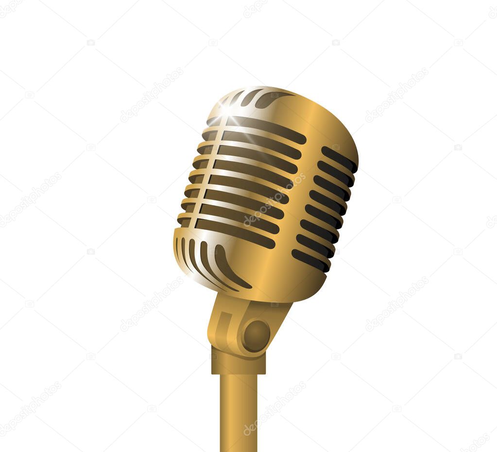 Retro vintage metal microphone on stand on white background. Mic with flare. Music, voice, record icon. Recording studio symbol. Realistic gold style vector illustration