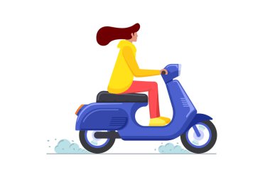 Eski tarz scooter kullanan bir kadın. Kadın mavi motosiklet kullanıyor. Kız klasik motosiklet sürücüsü. Hareket eden yaşam tarzı vektör illüstrasyonunda bisiklet hayatı üzerine hippi