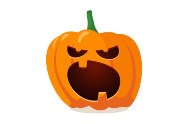 Ürkütücü dişleri olan komik, korkutucu, ürkütücü bir gülümseme balkabağı Jack Olantern. Sonbaharın geleneksel Cadılar Bayramı bayramı kutlaması sembolü. İzole edilmiş vektör dehşet çizimi
