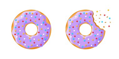 Cartoon colorful tasty donut whole and bitten set isolated on white background. Purple glazed doughnut top view for cake cafe decoration or bakery menu design. Vector flat illustration clipart