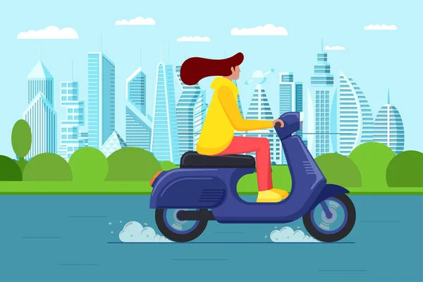 Женская езда на ретро-самокате в современном городском парке. Женщина водит синий мопед по улице. Девушка винтажный водитель мотоцикла. Хипстер о жизни велосипеда в движении — стоковый вектор