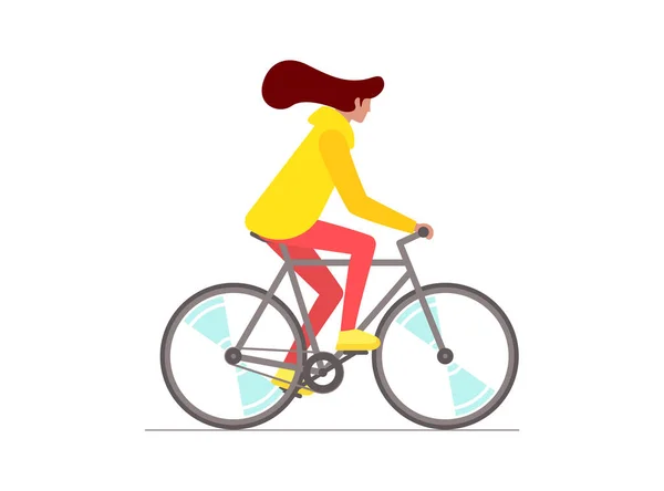 Hipster vrouwelijke rijfiets. Jonge vrouw fietser geïsoleerd op witte achtergrond. Stijlvol meisje op fiets platte vector illustratie — Stockvector