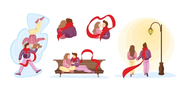 Young happy couple in love spend time together in various winter relationship scenes. Man and woman during romantic date. Vector male and female walking, hugging and kissing in park — Stock Vector