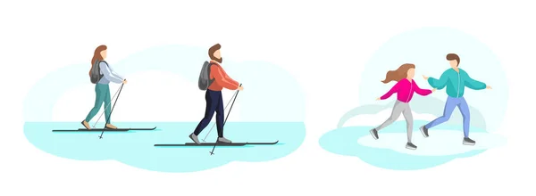 Jong stel rustend in de winter natuur set. Man en vrouw skiën. Jongen en meisje schaatsen. Vakantie buitenactiviteiten vrienden hebben plezier. Vectorillustratie — Stockvector