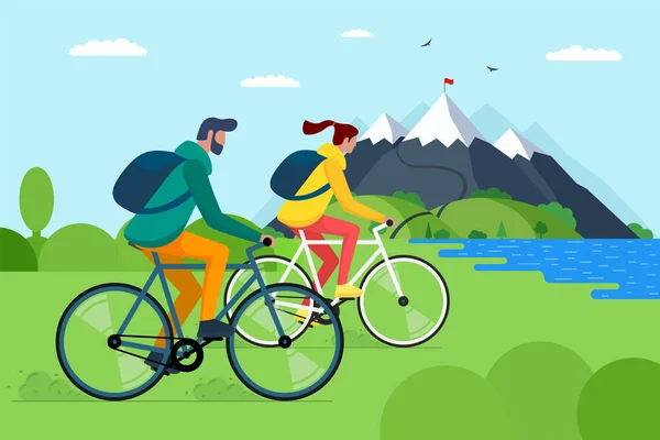 Young couple riding bicycles in mountains. Boy and girl bicyclists with backpacks on bikes travel in nature. Male and female cyclists active recreation on hill lake and forest vector illustration — Stock Vector