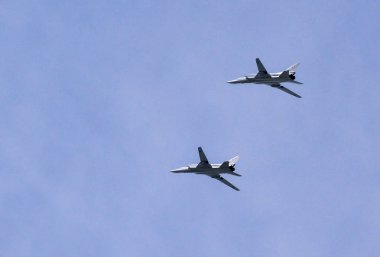 Moskova, Rusya - 9 Mayıs 2018: iki Rus süpersonik bombacısı Tupolev Tu - 22m 3 (Nato ileti adı: 