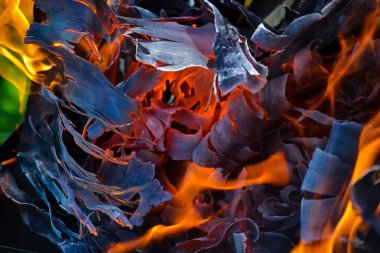 Arka plan ateş, kömürler, alevler ve kül büküm unsurları