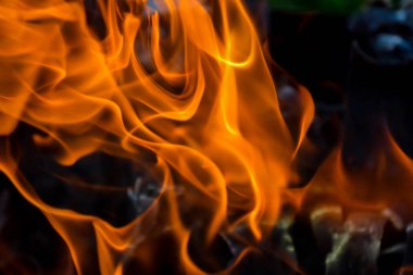 Arka plan ateş, kömürler, alevler ve kül büküm unsurları