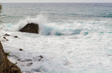 Büyük dalgalar kıyıya kırma. Dalgalar deniz köpüğü ile