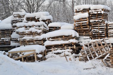 Wood and palets under the snow. Winterfield