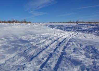 Winter landscape. Snow-covered field. Car track in the snow Blue sky without clouds.