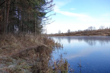 Bir orman gölünün yüzeyinde mavi buz. Kar henüz düşmedi. Erken kış