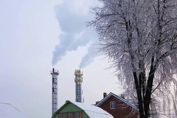 Heizungsrohre mit Rauch an einem Wintertag — Stockfoto
