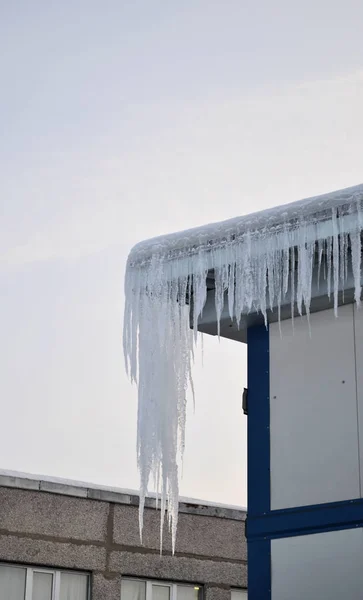 Icicles longos, grandes e perigosos em um telhado de casa de tijolo — Fotografia de Stock