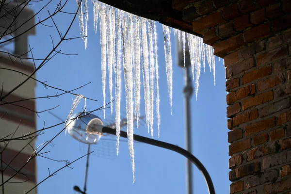 Long, big and dangerous icicles on a brick house roof — Stock Photo, Image