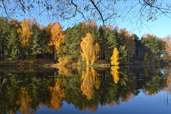 Herbstlandschaft mit bunten Wäldern. buntes Laub über dem See mit wunderschönen Wäldern in roten und gelben Farben. Herbstwald spiegelt sich im Wasser. — Stockfoto