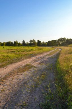 alanında toprak yol. Akşam kırsal manzara. Rusya