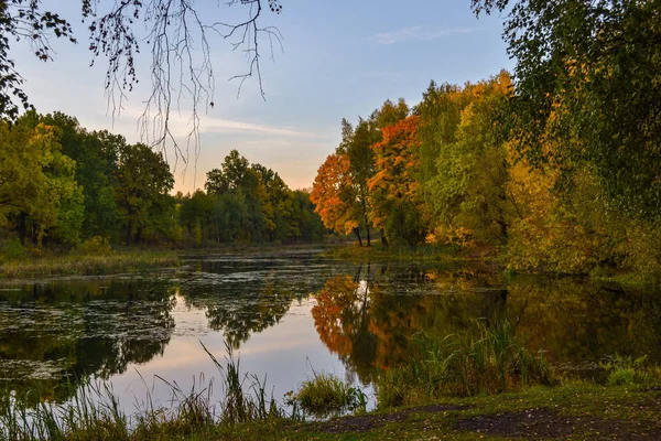 Piękny jesienny krajobraz. Jezioro, żółte i czerwone drzewa nad jeziorem. Odbicie w wodzie. Błękitne niebo. Słoneczny jesienny dzień — Zdjęcie stockowe
