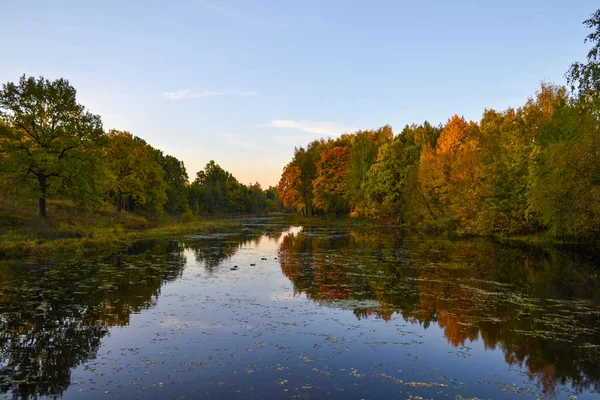 Красивый осенний пейзаж. Озеро, желтые и красные деревья у озера. Отражение в воде. Голубое небо. Солнечный осенний день — стоковое фото