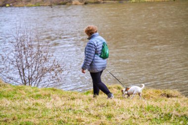 2018 Mayıs 3. Bir kadın gölün yakınında bir köpekle yürüyor.