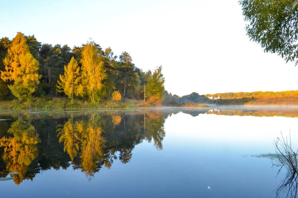 Der Herbstwald spiegelt sich im ruhigen blauen Wasser des Waldsees. frühmorgens. — Stockfoto