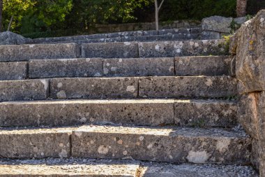 Bahçede eski taş basamaklar. Peyzaj tasarımı.