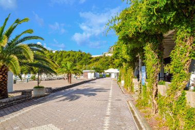 Karadağ, Budva Riviera, Vecici körfezi sahil şeridi insanlar olmadan güneşli bir günde