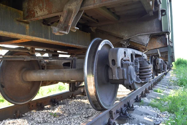 Wheels of a freight railway car close-up. Russia — Stock Photo, Image