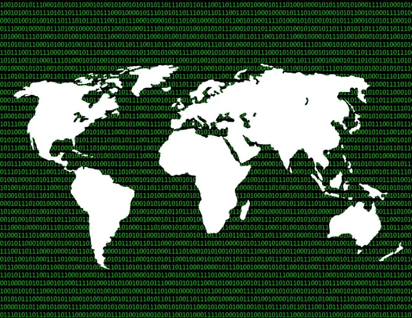 Image of a flat world map against a background of binary code