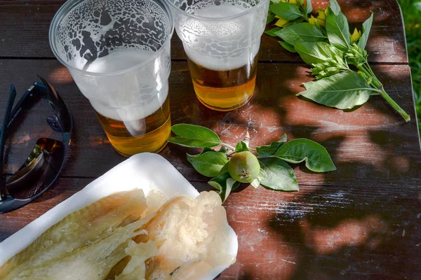 Dois copos com cerveja. Filé de peixe salgado. Piquenique na natureza — Fotografia de Stock