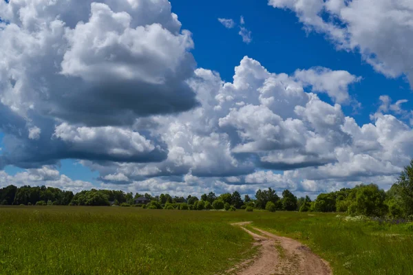 Country road through the field. Sky with clouds — Stock Photo, Image